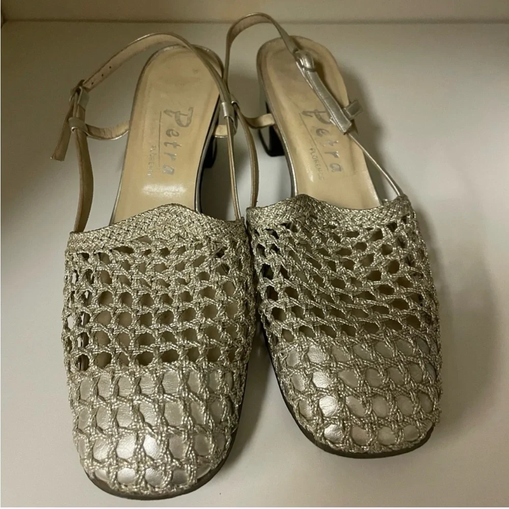 PETRA Italian Slingback Silver Woven Semi Pump Heel size 6.5